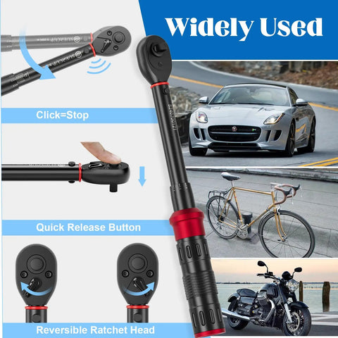 Built To Last 1/4 Inch Torque Wrench Set, 50 Piece Kit With 3-25 Nm Range, shown with sports car and motorcycle images.