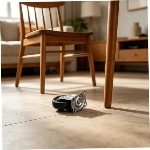 Four Pack Two Inch Rubber Swivel Caster Wheels Dead Silent Low Profile Design With Top Notch Nonslip Traction That Rolls Like A Dream For Office Carts And Workbenches Heavy Duty Replacement Rollers next to a wooden chair on tile flooring.