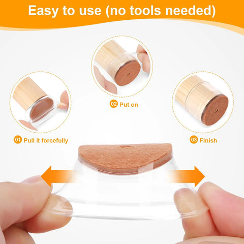 Straight Up Heavy Duty Chair Leg Protectors For Hardwood Floors, Silicone Felt Caps And Grips, Knock Scratch And Scrape Problems Cold, Smooth Operator Furniture Slides Universal Large 36 Pack, easy installation steps shown.
