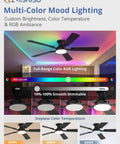 Sleek 52 Inch Smart Ceiling Fan With RGB Smart Lighting And Wifi Voice Control Compatible With Alexa For Slick Cooling And No Sweat Setup Today displaying multi-color mood lighting options.