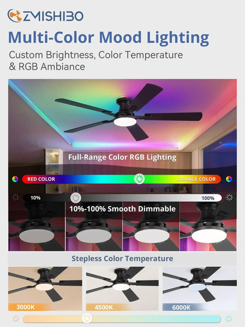 Sleek 52 Inch Smart Ceiling Fan With RGB Smart Lighting And Wifi Voice Control Compatible With Alexa For Slick Cooling And No Sweat Setup Today displaying multi-color mood lighting options.