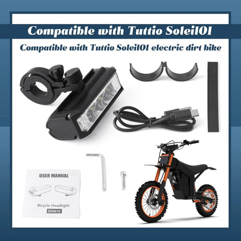 Led Bike Light For Tuttio Soleil01 Electric Dirt Bike USB Rechargeable Headlight With Mounting Bracket And Tools, Ultra Bright Night Riding Beam And Daytime Running Lights For Off Road MTB