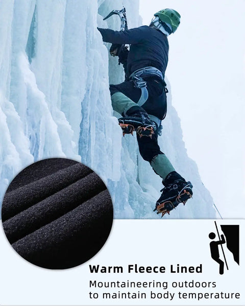 Climber wearing Men's Outdoor Snow Ski Pants Waterproof And Windproof Fleece Cargo Hiking Trousers Army Green XS on ice wall