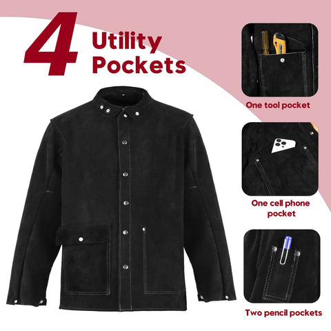 Leather Welding Jacket Built Tough For Welders with 4 utility pockets: tool, cell phone, and two pencil pockets, 3X-Large