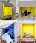 Portable Vocal Recording Booth Desktop Soundproof Foam Shield Vocal Isolation Panel with yellow foam interior for clear sound.