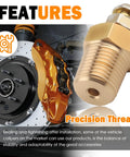 Precision thread copper brake bleeder screw shown next to a performance brake caliper, Built Heavy Duty Brake Bleeder Screws With Solid Copper Bases For Sweet Street Builds And Zero Mess Fluid Checks On Any Pro Car Caliper Race Setup.