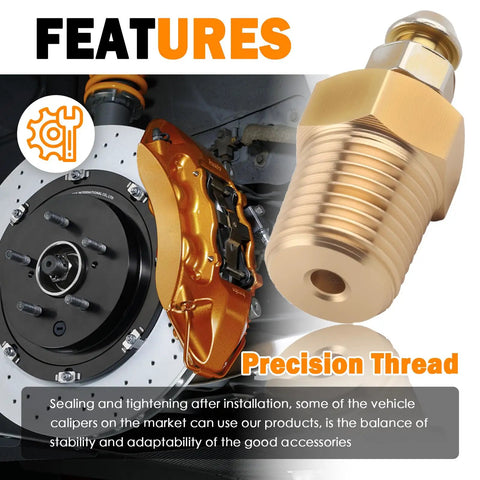 Precision thread copper brake bleeder screw shown next to a performance brake caliper, Built Heavy Duty Brake Bleeder Screws With Solid Copper Bases For Sweet Street Builds And Zero Mess Fluid Checks On Any Pro Car Caliper Race Setup.