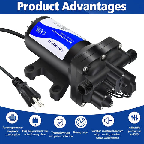 Water Pressure Booster Pump For Home And RV 110V Self Priming Diaphragm Pump Delivers 5.5 GPM And Adjustable 30 To 75 PSI