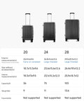 Carry-on luggage: three charcoal polycarbonate suitcases with spinner wheels and aluminum frames, sizes 20, 24, 28 in.