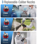 Heavy Duty HVLP Gravity Feed Paint Sprayer Gun With Adjustable Air Regulator showcasing 1.4mm, 1.7mm, and 2.0mm replaceable nozzles