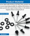 Pop Rivets And Washer Kit 1000Pcs Assortment With 14 SAE Sizes Aluminum Black Rivets For Metal Furniture Automotive Instruments Includes 4 Stainless Steel Washers 304 For Heavy Duty Quick Fixes displayed on a blue and white background.