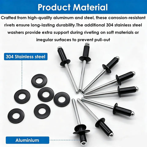 Pop Rivets And Washer Kit 1000Pcs Assortment With 14 SAE Sizes Aluminum Black Rivets For Metal Furniture Automotive Instruments Includes 4 Stainless Steel Washers 304 For Heavy Duty Quick Fixes displayed on a blue and white background.