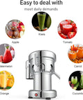 Heavy Duty Commercial Citrus Juicer Machine 370W Electric High Speed Extractor 2800 RPM with juice samples of various fruits.
