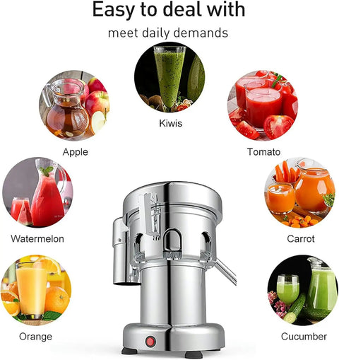 Heavy Duty Commercial Citrus Juicer Machine 370W Electric High Speed Extractor 2800 RPM with juice samples of various fruits.
