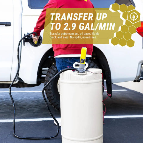 Long Distance Fuel Transfer Pump With 10 Foot Reach, Pumps Up To 2.9 Gallons Per Minute, AC DC Plug In Power, Water Flow Head, Suction Filter, DC Cable Clips For Car Or Marine Battery, Handy Flow Control Nozzle For Quick Easy Fuel Transfers, white tank setup