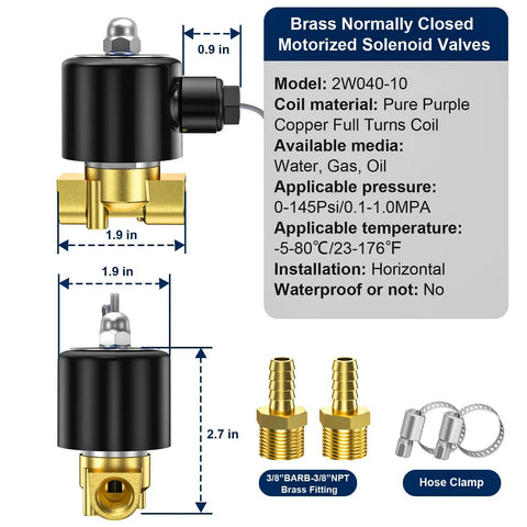 Brass 3/8 Inch NPT Electric Solenoid Valve Normally Closed DC 220V 2W040-10 with fittings and hose clamp