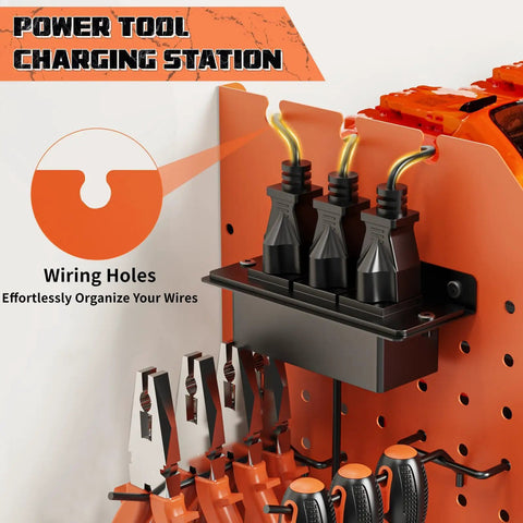 Power Tool Organizer Wall Mount With Charging Station, Three Layer Heavy Duty Garage Storage, 45.6 Inch Wide, Orange, wiring holes detail