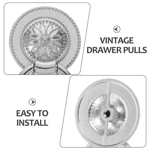 Close-up of Antique Floral Cabinet Pulls Set Of 4, 36mm vintage metal drawer handles showing chrysanthemum motif and easy installation