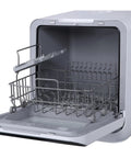 Portable Countertop Dishwasher Plug And Play With Six Liter Water Tank For Apartments Rv And Dorms Compact Washing And Drying Machine interior view with open door and basket.