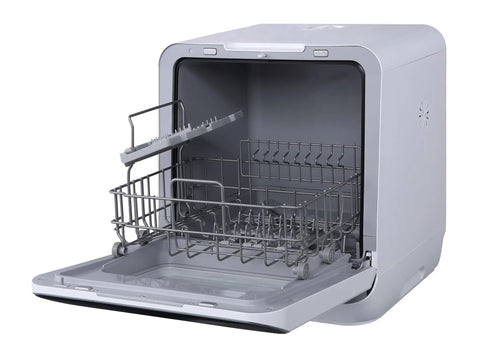 Portable Countertop Dishwasher Plug And Play With Six Liter Water Tank For Apartments Rv And Dorms Compact Washing And Drying Machine interior view with open door and basket.