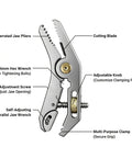All-In-One Grab-And-Go Pocket Multi-Tool Grip - Stainless Steel EDC Pliers With Adjustable Jaw, Wire Cutter, Hex Wrenches 6-14mm, Bottle Opener, Chomping Zone And Edge Nipping Point For Home Repairs, Camping, And Cycling. Close-up of stainless steel adjustable jaw pliers with 6mm hex wrench and clamp