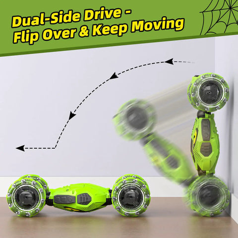 High Speed 4WD RC Car With Gesture Sensing Remote dual-sided driving stunt flipping against wall.