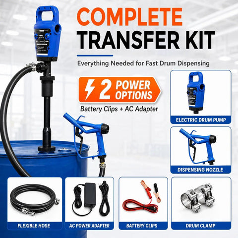 Dual Power Electric Drum Pump For 55 Gallon Barrels, 110V AC And 12V DC Options, 5 GPM Flow Rate With Bung Adapter Ideal For Garage Workshop Farm Oil Transfer Work Sites