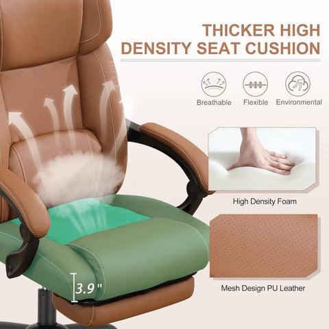 Boss Level Comfort Reclining Office Chair With Footrest For All Day Comfort features high-density foam and PU leather seat.