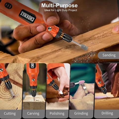 Cordless Mini Rotary Tool Kit With 3.7V Li-ion Battery, Variable Speed 5000/10000/15000 RPM in use for sanding, carving, and polishing