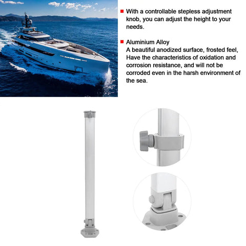 Telescopic Aluminum Table Leg with Anodized Frosted Finish, Adjustable 510-760mm, shown with yacht and adjustment detail
