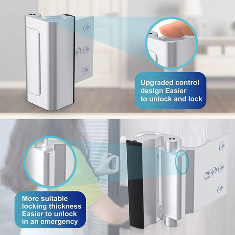 Door Reinforcement Lock 800Lbs Strength Built For Real Home Security Extra Privacy Child Proof Drilling Required Easy Install With 8 Screws To Stop Unauthorized Entry, showing upgraded control design and unlocking process.