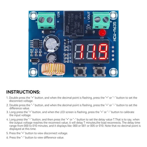 Straight Up Reliable Low Voltage Cutoff Relay Switch Automatic Battery Disconnect Protector Module For 12 To 36 Volt Lithium Lead Acid Solar Wind Kit Dual Pack showing electronic circuit board with display and settings.
