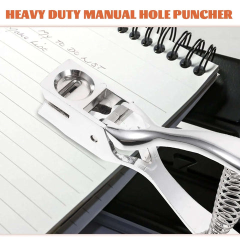 Compact Manual Oval Hole Puncher For IDs And Office Paper, Rugged Metal Single Hole Punch Tool next to spiral notebook