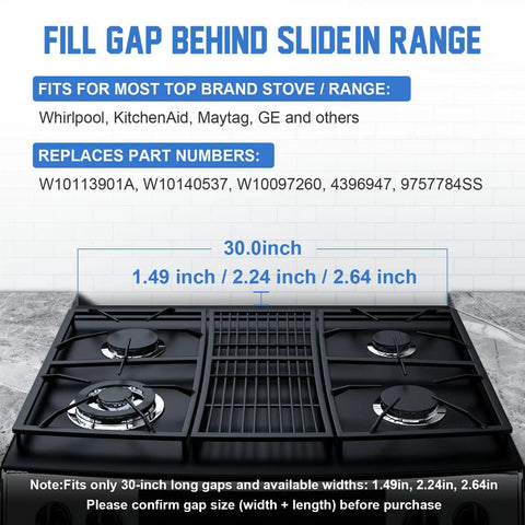 30 Inch Slide In Range Rear Filler Kit W10113901A for Whirlpool, adjustable aluminum gap filler on stovetop with dimensions.