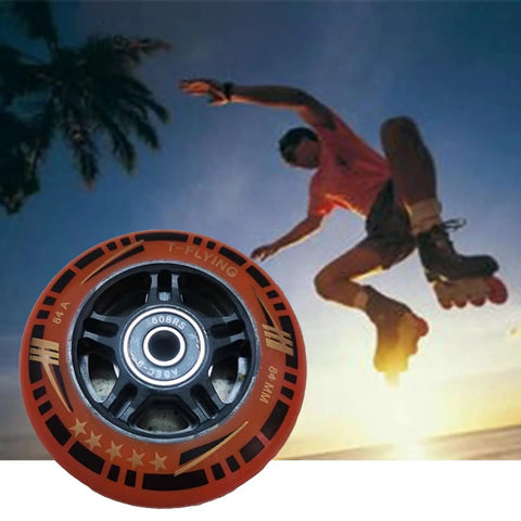 84Mm Inline Skate Wheels Replacement 84A Orange With Or Without Bearings shown with skater jumping at sunset