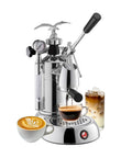 Heavy Hitter 54 Oz Manual Lever Espresso Machine Featuring Chrome And Walnut Finish with brewed espresso cups