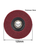 Versatile Non-Woven Flap Polishing Wheel Disc For Angle Grinders, 125mm diameter, red abrasive finish for metal and wood smoothing.