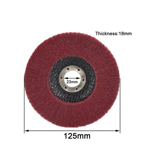 Versatile Non-Woven Flap Polishing Wheel Disc For Angle Grinders, 125mm diameter, red abrasive finish for metal and wood smoothing.