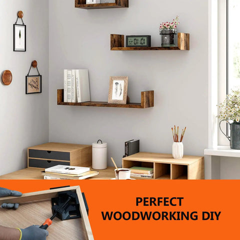 Two Piece Corner Clamp Set for Woodworking in use on a DIY project in a home office space with shelves and decor