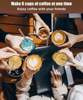 Top view of six hands holding coffee cups with latte art, promoting Electric Moka Pot 6 Cup Coffee Maker For Quick Espresso At Home No Stove Needed Italian Style Espresso Machine Portable Aluminum Moka Pot For Ground Coffee Easy Brew No Fuss Coffee Pot.