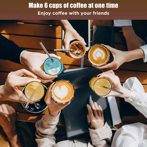 Top view of six hands holding coffee cups with latte art, promoting Electric Moka Pot 6 Cup Coffee Maker For Quick Espresso At Home No Stove Needed Italian Style Espresso Machine Portable Aluminum Moka Pot For Ground Coffee Easy Brew No Fuss Coffee Pot.