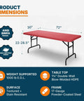 Heavy Duty Adjustable Height Folding Table For Pro Events Built Tough 6 Foot Premium Industrial Table with red top, dimensions 72x30 inches, and pedestal legs.