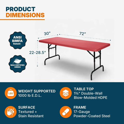 Heavy Duty Adjustable Height Folding Table For Pro Events Built Tough 6 Foot Premium Industrial Table with red top, dimensions 72x30 inches, and pedestal legs.