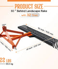3 Point Tow Behind Rake With 60 Inch Width And 32 Steel Tines, Adjustable Angle Lawn Dethatcher And Landscape Rake