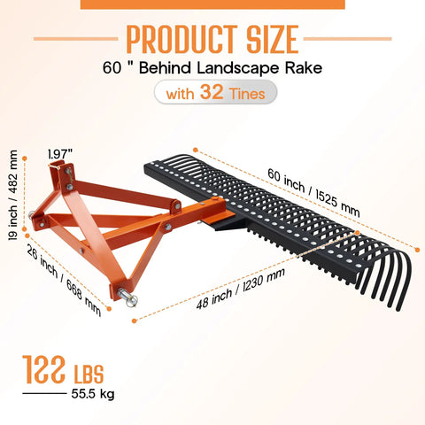 3 Point Tow Behind Rake With 60 Inch Width And 32 Steel Tines, Adjustable Angle Lawn Dethatcher And Landscape Rake