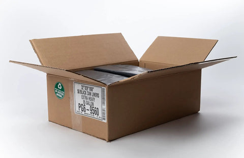 Heavy Duty 95 And 96 Gallon Garbage Bags 50 Pack in open box showing black bags, designed for contractor sites and yard waste cleanup.
