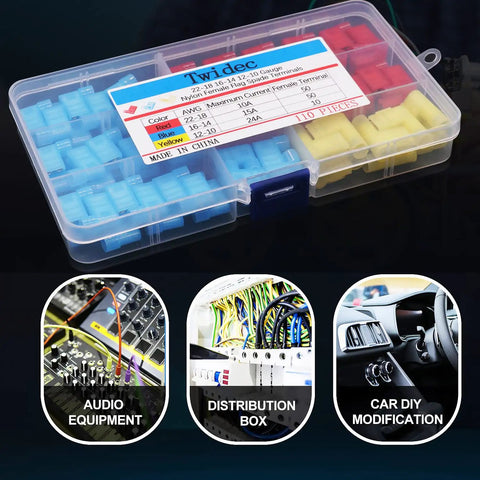 Right Angle Spade Connectors Nylon Flag Spade Female Insulated Terminals For 22 18 18 14 12 10 Gauge All In One Quick Disconnects Electrical Crimp Terminal Assortment Kit in plastic case