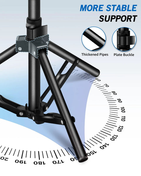 Close-up of beefy 56 inch height adjustable projector stand tripod showing thickened pipes and plate buckle for stability.