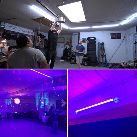 LED Linkable Power Cables For 2 Foot 24 Inch T5 T8 Tube Light Fixtures installed in a garage and room, providing bright illumination.