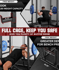 Built Like A Tank Power Cage Rack With Cable Crossover System And 2000 Pound Load Bearing Capacity For Game Changing Home Gym Setup Including Black Steel Framing Multi Function Workout Machine With Extra Training Attachments, showcasing J-hook with 800 lbs capacity.